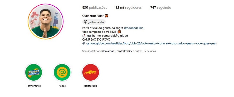 Print perfil do Guilherme — Foto: Reprodução/Instagram