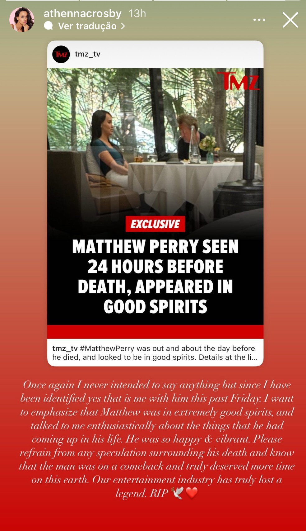 Athenna Crosbky falou sobre o último almoço com Matthew Perry — Foto: Reprodução / Instagram