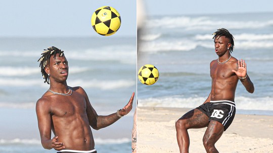 Vini Jr. joga altinha e atende fãs na Barra da Tijuca, no Rio; fotos