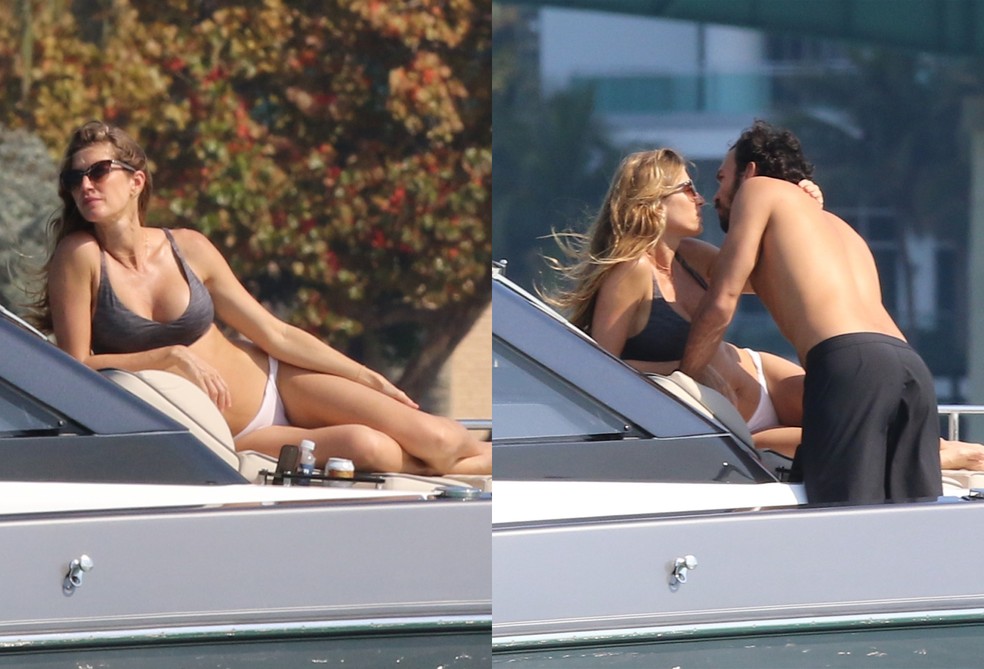 De biquíni, Gisele Bündchen renova o bronzeado e curte clima de romance com namorado um mês após dar à luz — Foto: The Grosby Group