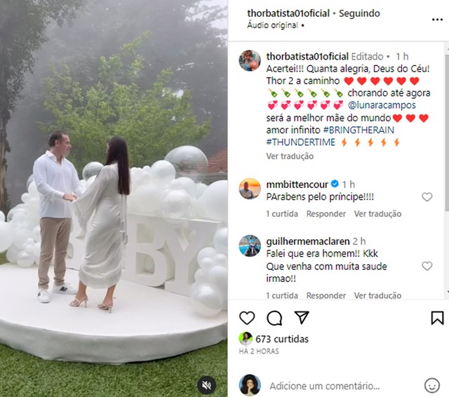 Thor Batista e Lunara Campos fazem chá revelação, e revelam nome e sexo