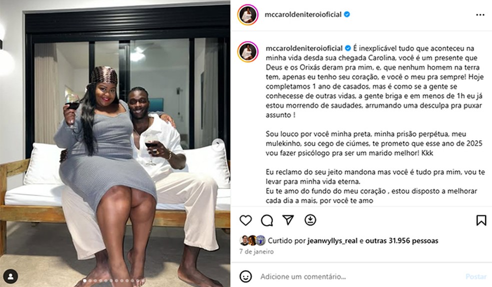 Em janeiro, Cosme Santiago se declarou a MC Carol no primeiro ano de casados — Foto: Reprodução/Instagram