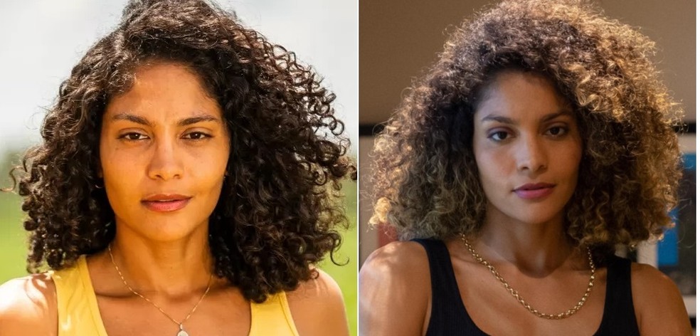 Bárbara Reis como a mocinha Aline de 'Terra e Paixão' e como a vilã Débora de 'Todas as Flores' — Foto: TV Globo