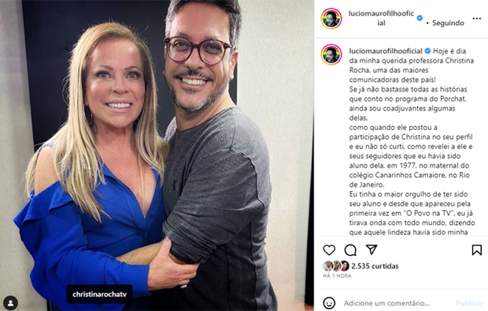 Lúcio Mauro parabeniza a apresentadora e ex-professora Christina Rocha — Foto: Instagram