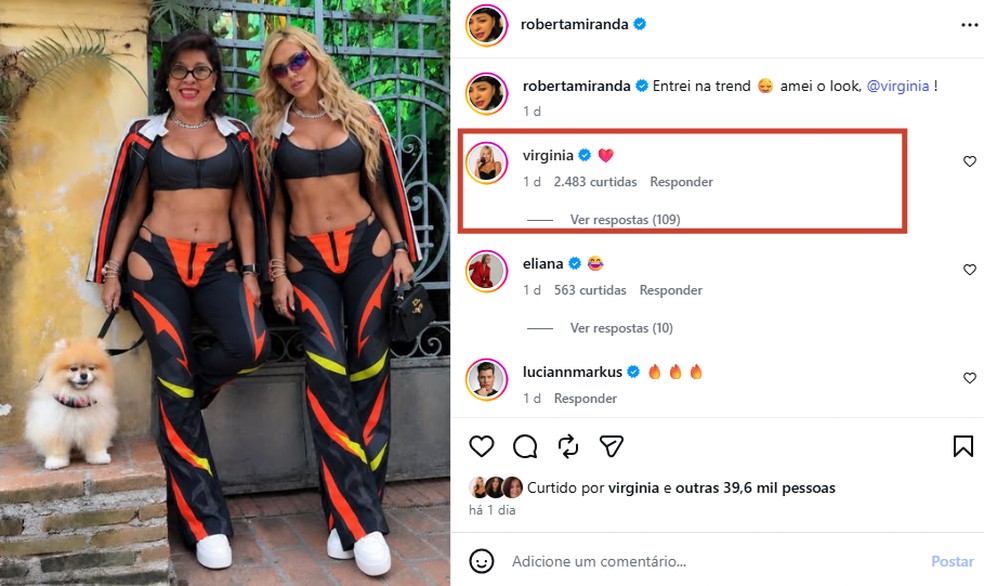 Virginia Fonseca comentou post de Roberta Miranda — Foto: Reprodução/Instagram