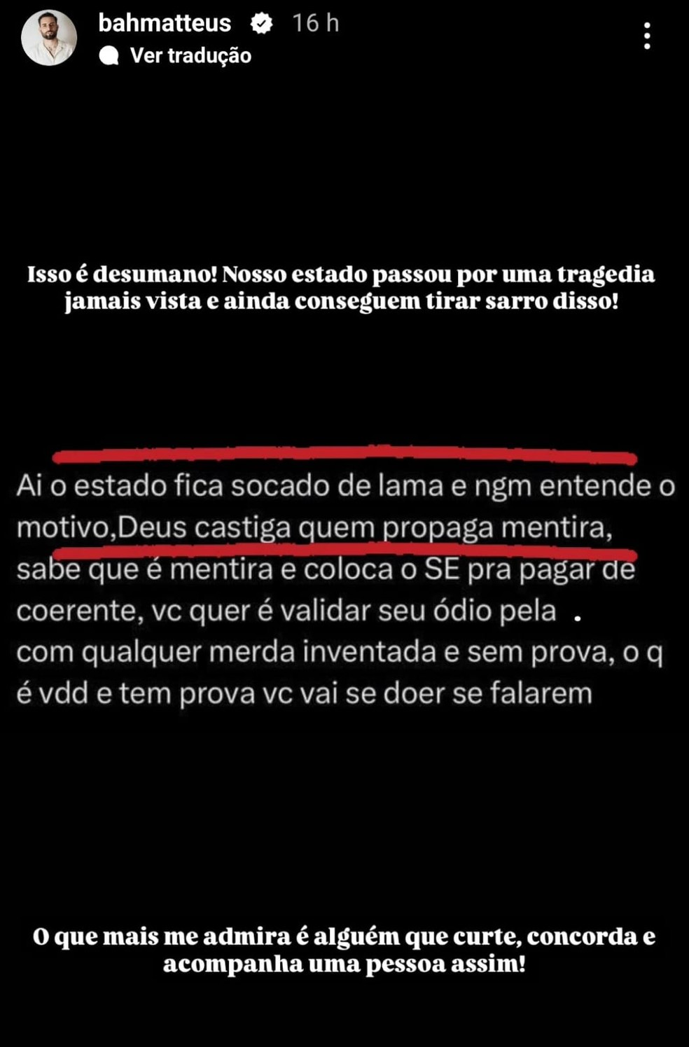 Ex-BBB Matteus lamenta ataques contra ele envolvendo até bebê e enchentes no RS — Foto: Reprodução/Instagram