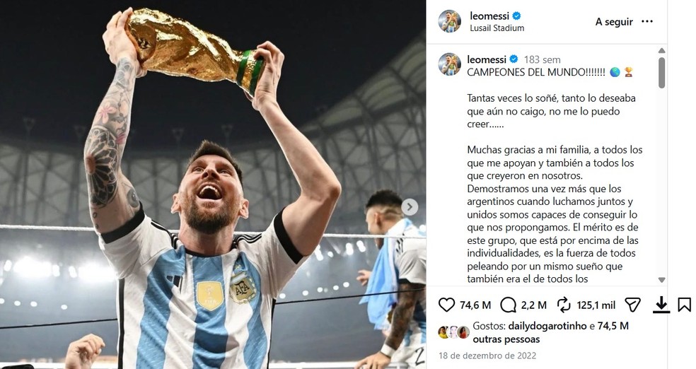 Post mais curtido de Lionel Messi — Foto: Reprodução/Instagram