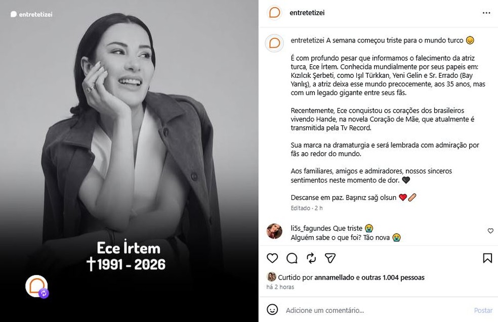 Morte foi divulgada pelo perfil Entretetizei, especializado em produções turcas — Foto: Reprodução/Instagram