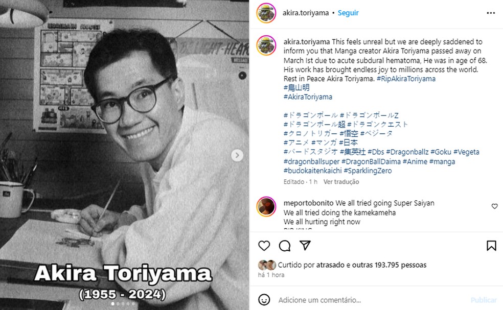 Morre aos 68 anos Akira Toriyama, criador da série 'Dragon Ball' — Foto: Reprodução/Instagram