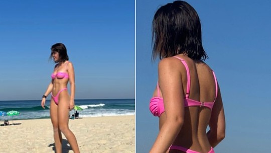 Jade Picon aproveita dia de praia com biquíni rosa fio-dental; vídeo
