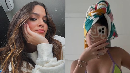 De toalha na cabeça, Mel Maia exibe marquinha de biquíni e tattoos em foto no espelho