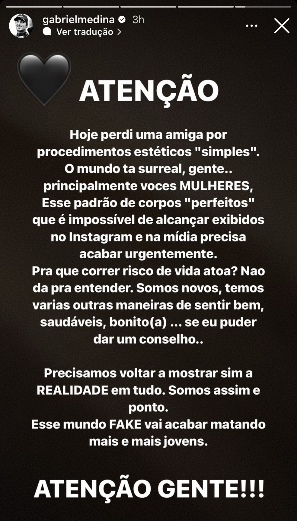 Gabriel Medina lamenta a morte de Luana Andrade &mdash; Foto: Reprodu&ccedil;&atilde;o / Instagram
