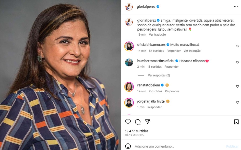 Gloria Perez lamenta morte de Elizangela — Foto: Instagram