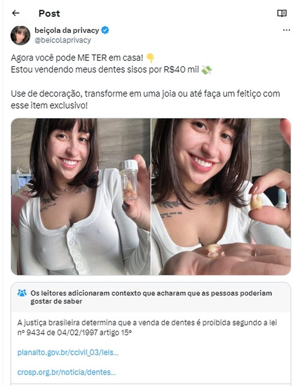 Influencer anuncia venda de seus dentes, e leva alerta do X por crime
