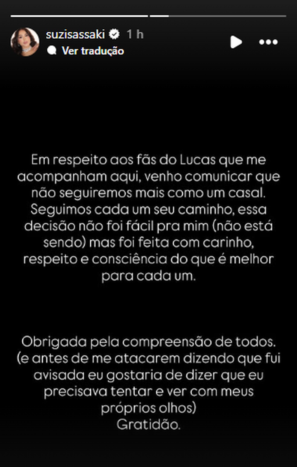 Suzi Sassaki anunciou o fim do namoro com Lucas Souza — Foto: Reprodução/Instagram