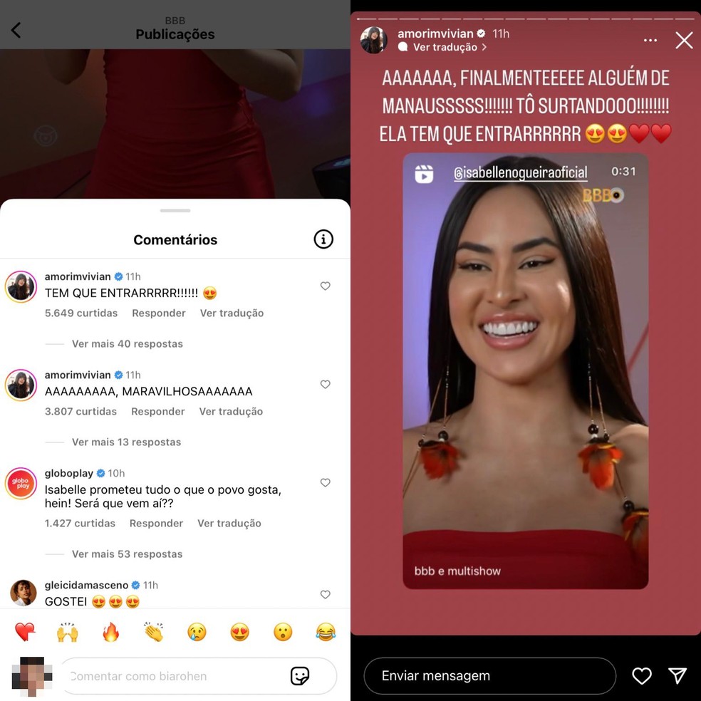 Vivian Amorim torce por Isabelle Nogueira no Puxadinho &mdash; Foto: Reprodu&ccedil;&atilde;o/Instagram
