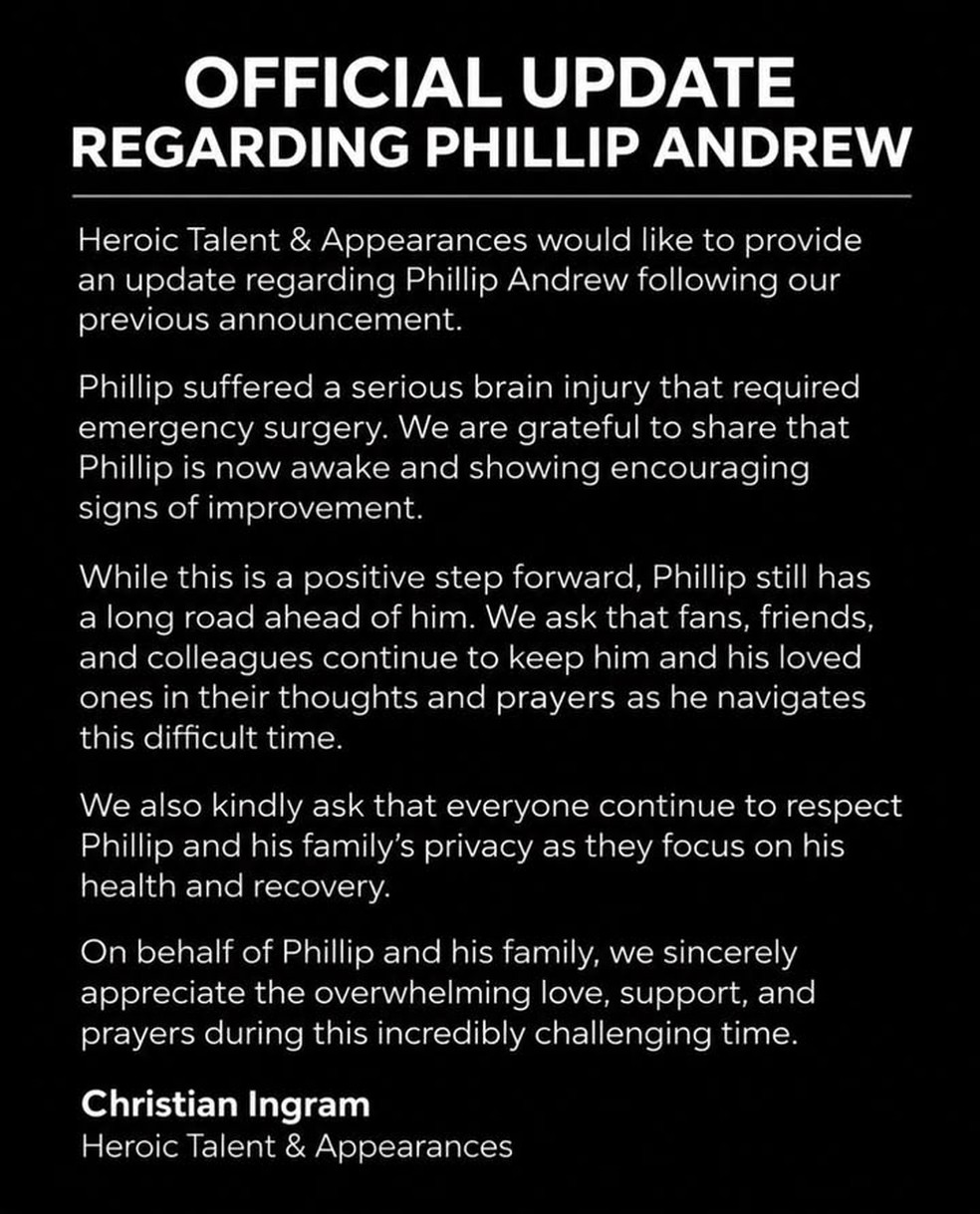 Comunicado sobre o estado de saúde de Phillip Andrew — Foto: Reprodução/Instagram