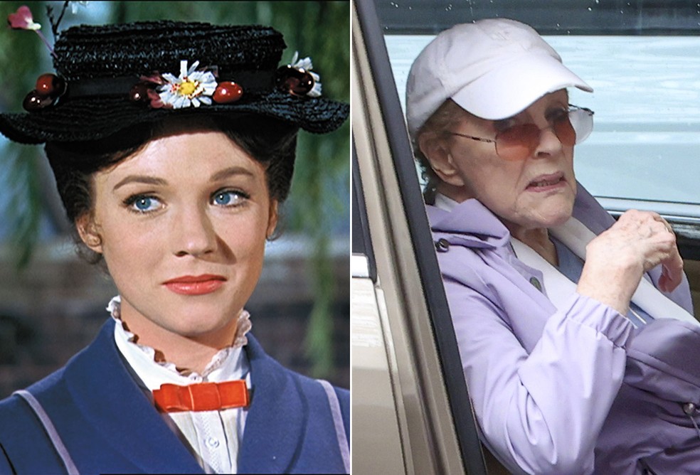 Julie Andrews em 'Mary Poppins' (1964) e em 2026, aos 91 anos — Foto: Divulgação e The Grosby Group