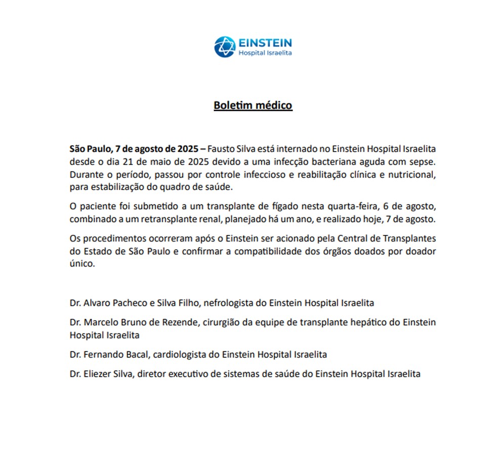 O boletim médico de Fausto Silva — Foto: Divulgação
