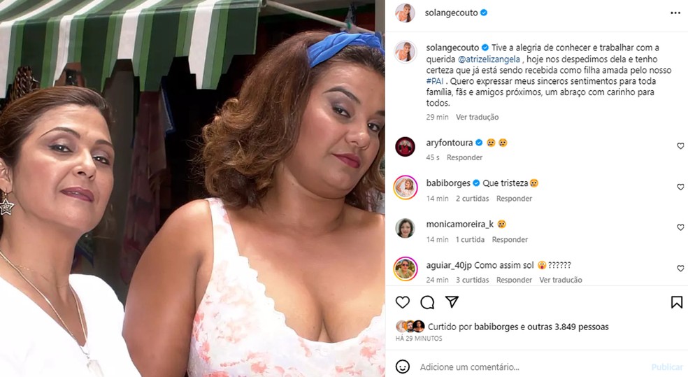Solange Couto lamenta morte de Elizangela — Foto: Instagram