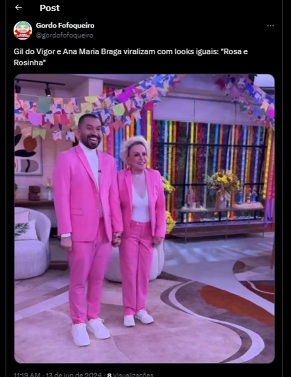 Gil do Vigor e Ana Maria Braga viralizam com looks iguais: 'Rosa e Rosinha'