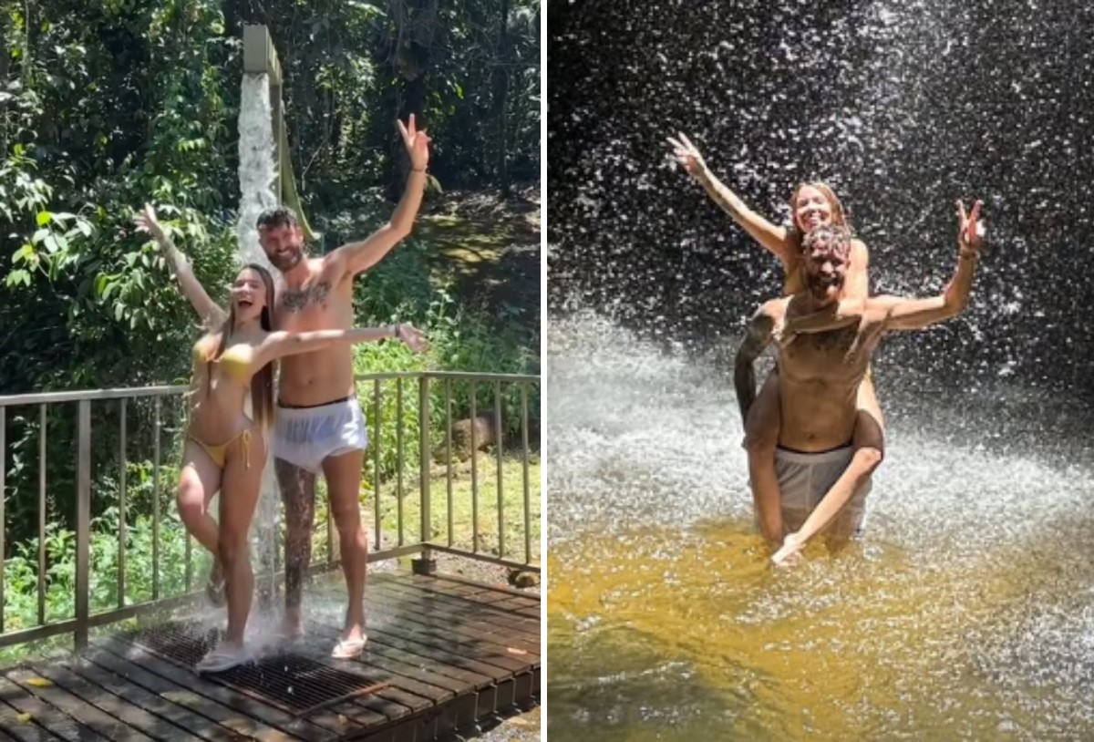Karoline Lima e Leo Pereira se esquivam do calor com passeio na cachoeira - Portais