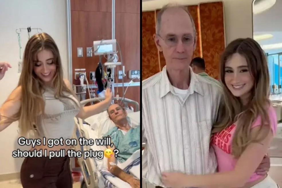 Tiktoker Bronwin Aurora, de 22 anos, dança ao lado de suposto namorado de 85 anos — Foto: Reprodução/TikTok