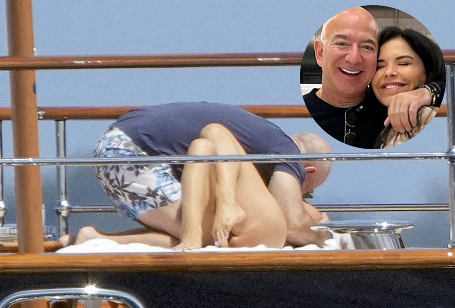 Noiva de Jeff Bezos ganha mão 'boba' e beijos em iate de quase R$ 3 bilhões