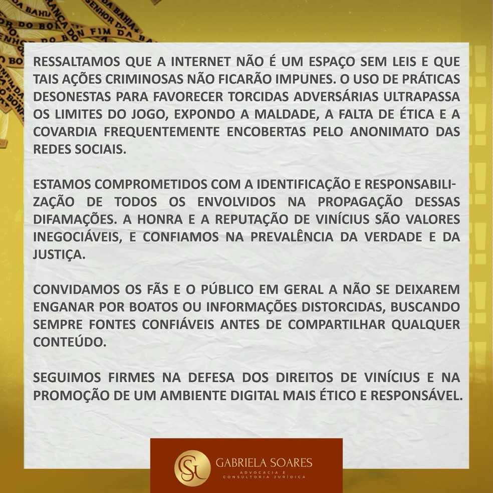 Assessoria jurídica de Vinícius Nascimento, do BBB 25, divulga nota sobre medidas legais contra fake news e difamação contra o brother — Foto: Reprodução/Instagram