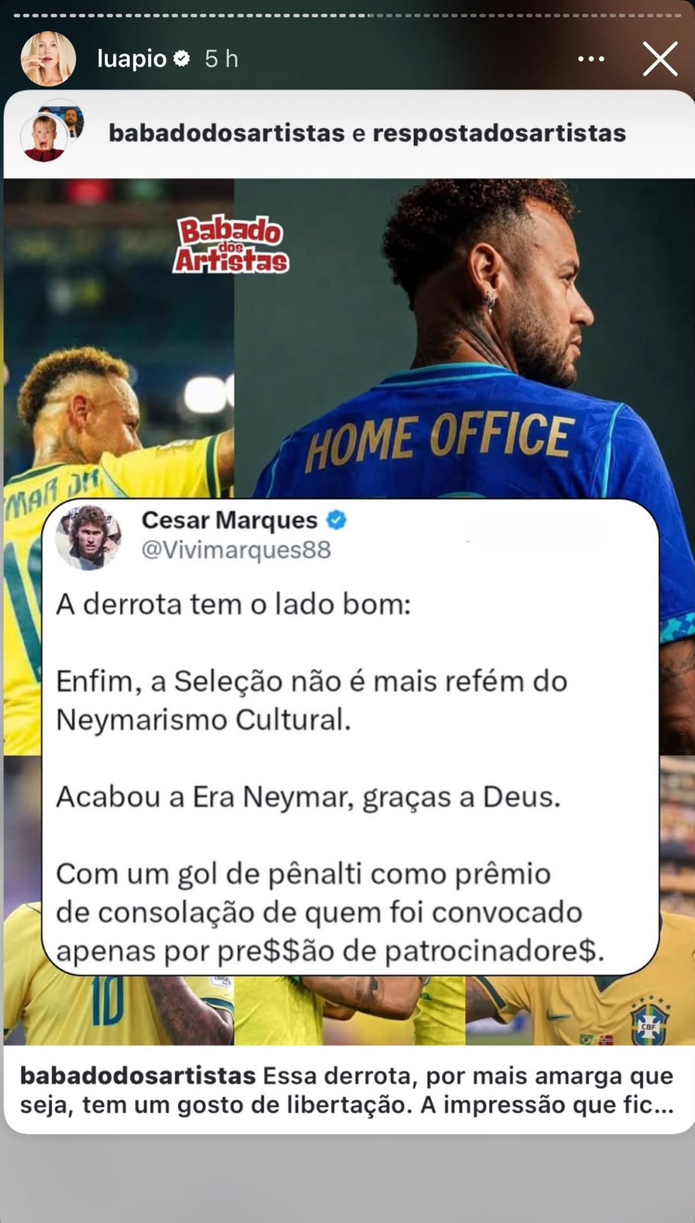 Após derrota do Brasil, Luana Piovani reposta críticas a Neymar e comemora possível 'aposentadoria' do atleta — Foto: Reprodução/Instagram