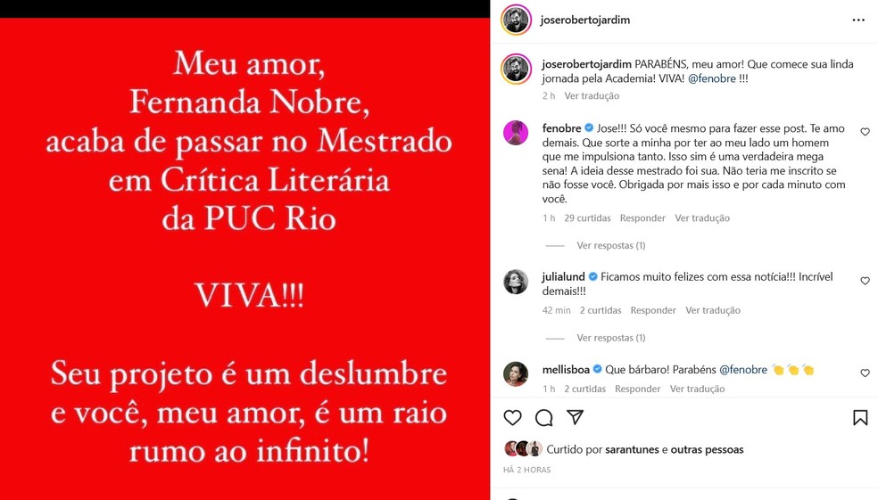 Marido de Fernanda Nobre anuncia que atriz passou para Mestrado no Rio — Foto: Reprodução/Instagram