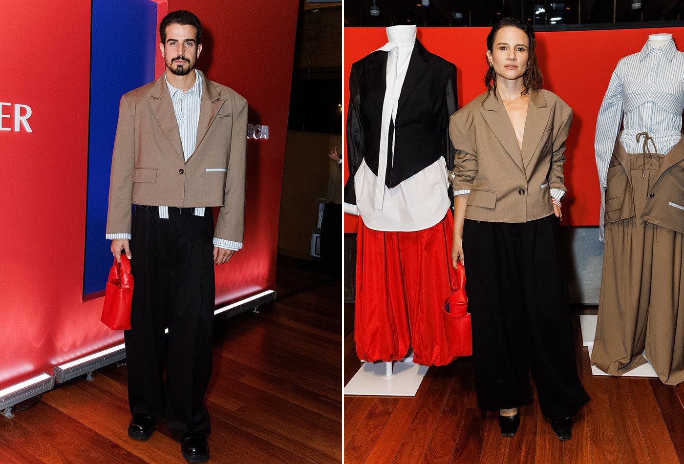 Enzo Celulari e Bianca Comparato vão com looks iguais a evento fashion