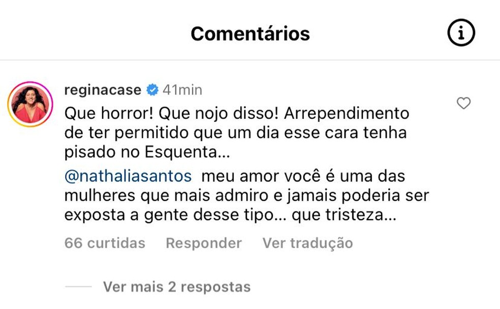 Regina Casé apoia Nathalia Santos — Foto: Reprodução/Instagram