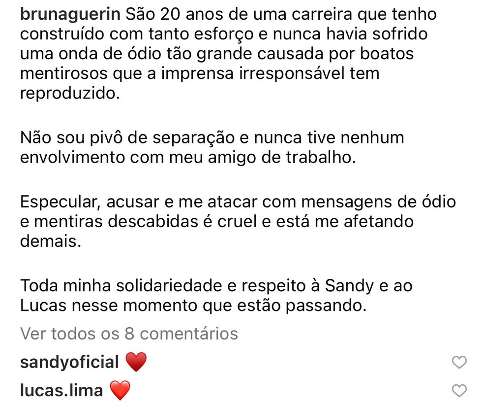 Sandy e Lucas Lima apoiam desabafo de Bruna Guerin — Foto: Reprodução Instagram