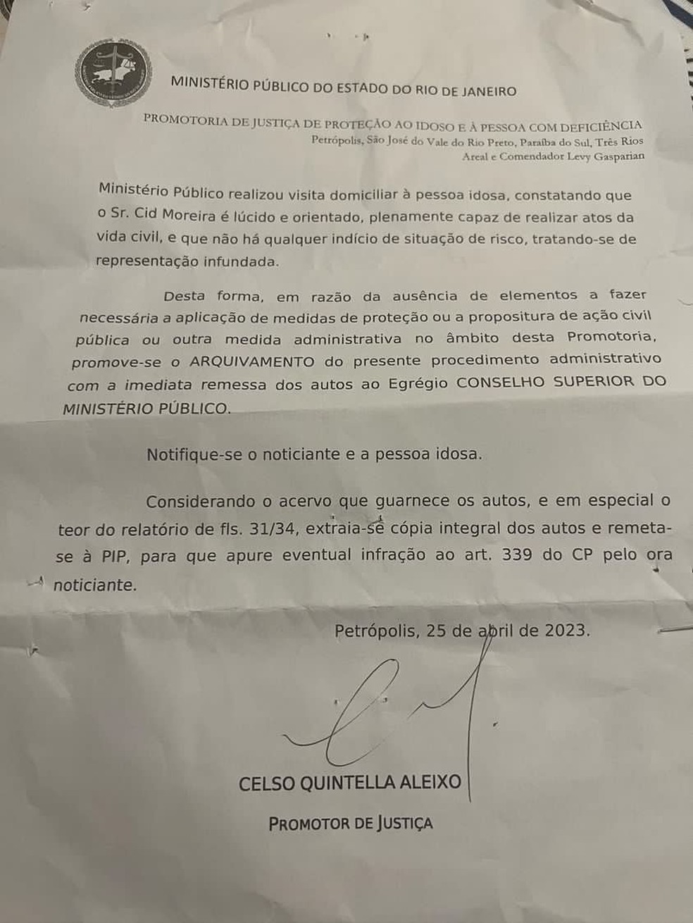 Notificação do Ministério Público do Rio de Janeiro sobre arquivamento da ação de Cid Moreira — Foto: QUEM