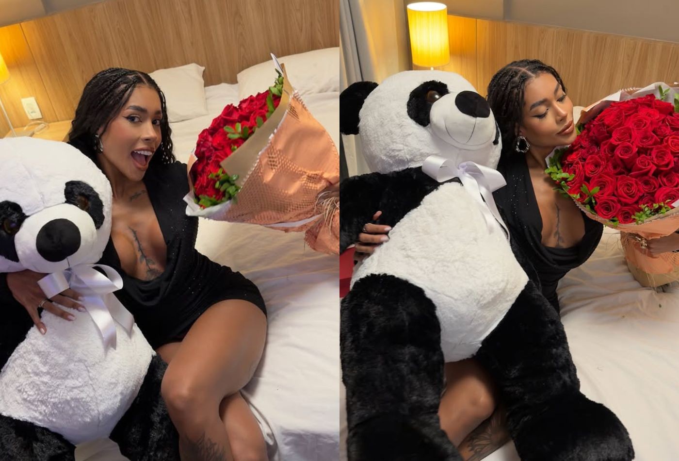 Irmã de Gracyanne Barbosa ganha urso de pelúcia gigante e buquê de flores do namorado: 'Meu trevo de 4 folhas'