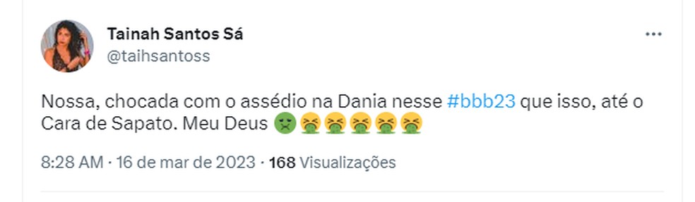 Internauta critica comportamento de Cara de Sapato em relação a Dania Mendez — Foto: Reprodução Twitter