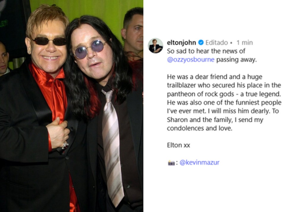 Elton John lamenta morte de Ozzy Osbourne &mdash; Foto: Kevin Mazur/ Reprodu&ccedil;&atilde;o/ Instagram