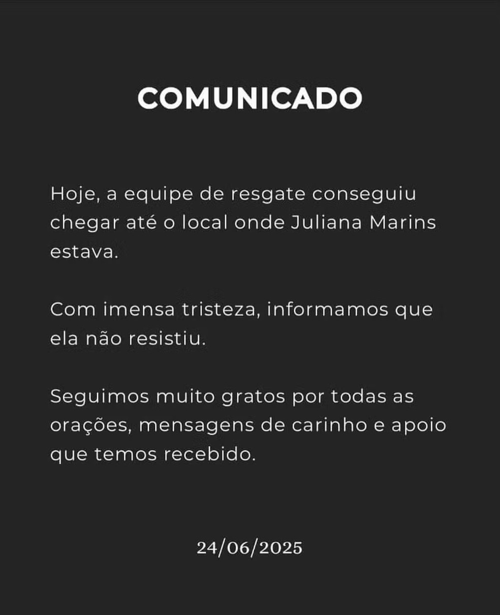 Comunicado da família — Foto: Reprodução/Instagram