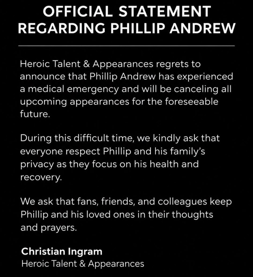 Comunicado sobre o estado de saúde de Phillip Andrew — Foto: Reprodução/Instagram