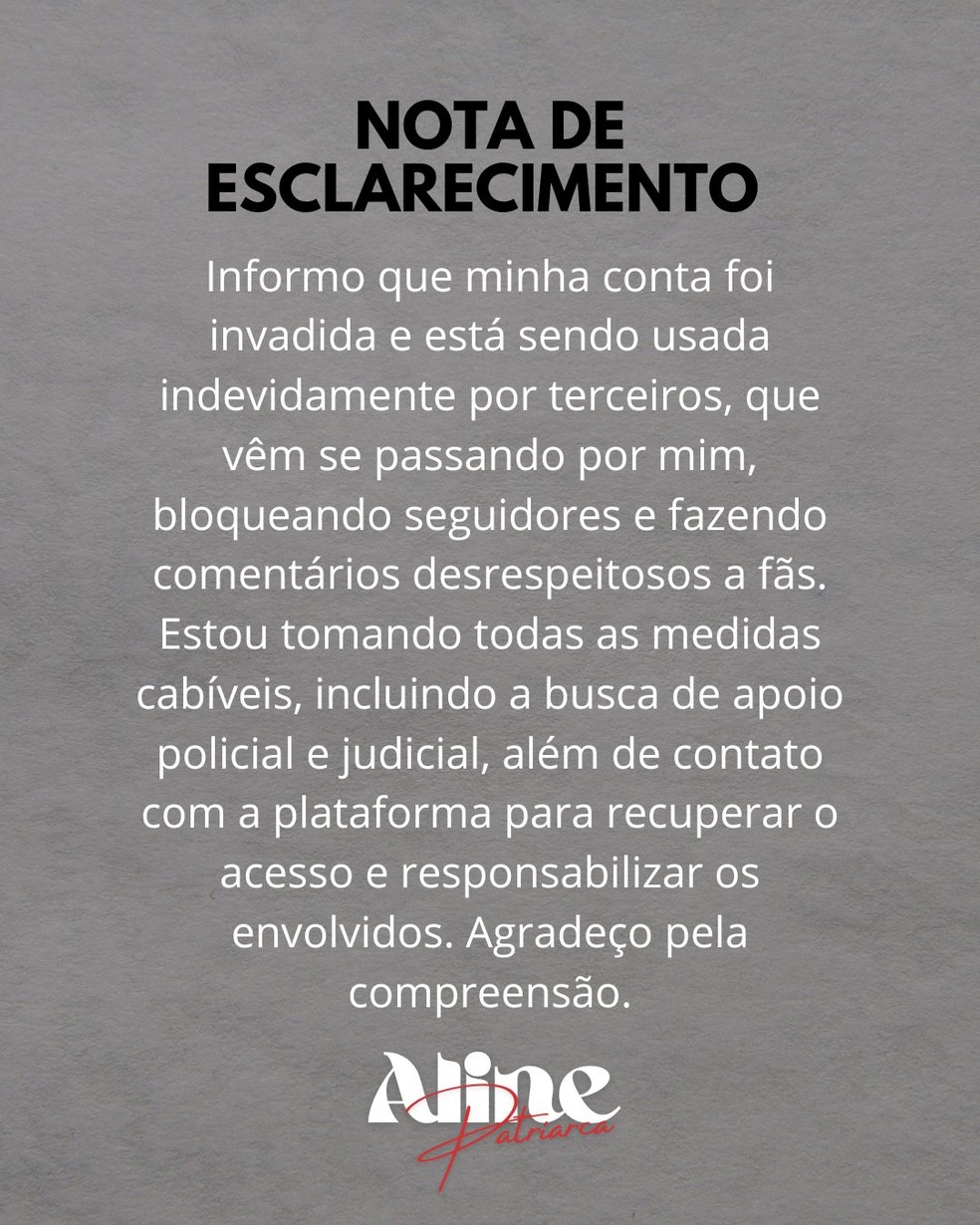 Aline Patriarca diz que sua conta no X foi invadida — Foto: Reprodução/X