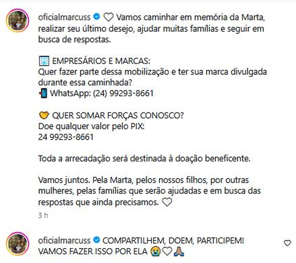Marcus Vinicius faz caminhada solidária pela memória de Marta — Foto: Reprodução/Instagram
