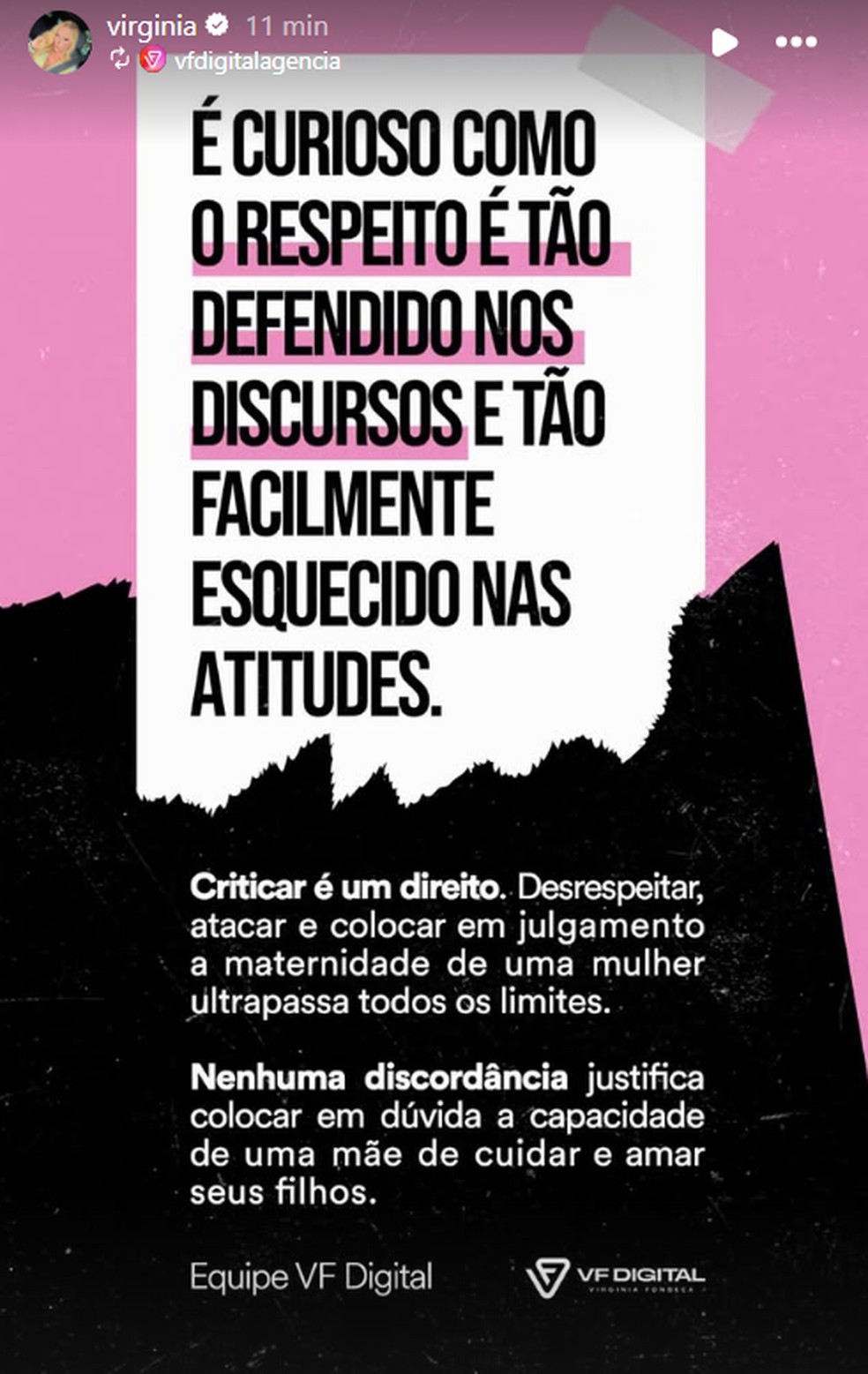 Equipe de Virginia se manifesta após críticas sobre criação dos filhos — Foto: Reprodução/Instagram