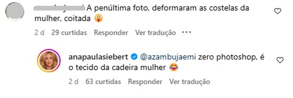 Ana Paula Siebert rebateu comentário — Foto: Reprodução/Instagram