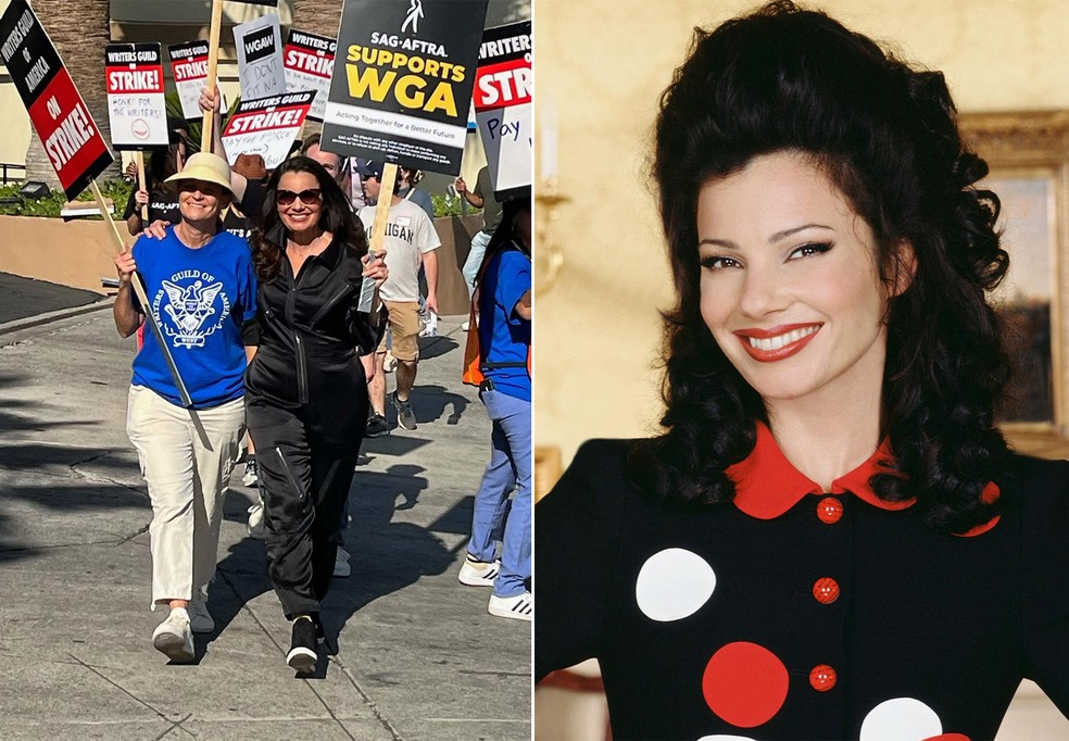 Fran Drescher, estrela de The Nanny (1993-1999), em manifestação da greve dos roteiristas nos EUA — Foto: Instagram e Divulgação