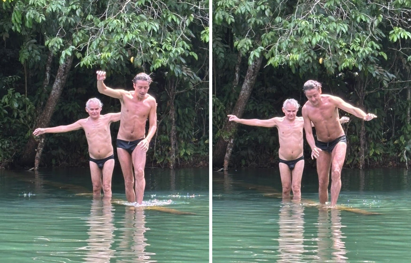 Equilíbrio! Jesuita Barbosa e Gero Camilo fazem travessia de rio no Pará