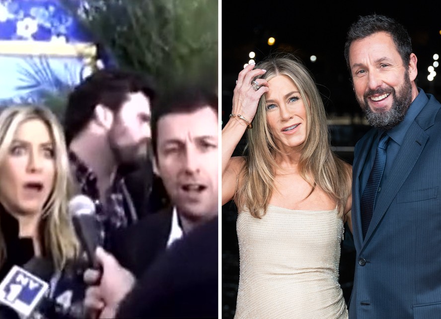 Jennifer Aniston e Adam Sandler se surpreendem com altura de reporter