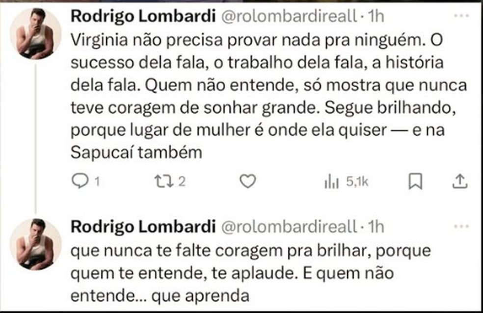Perfil falso que se passava por Rodrigo Lombardi publicou apoio a Virginia Fonseca — Foto: Reprodução