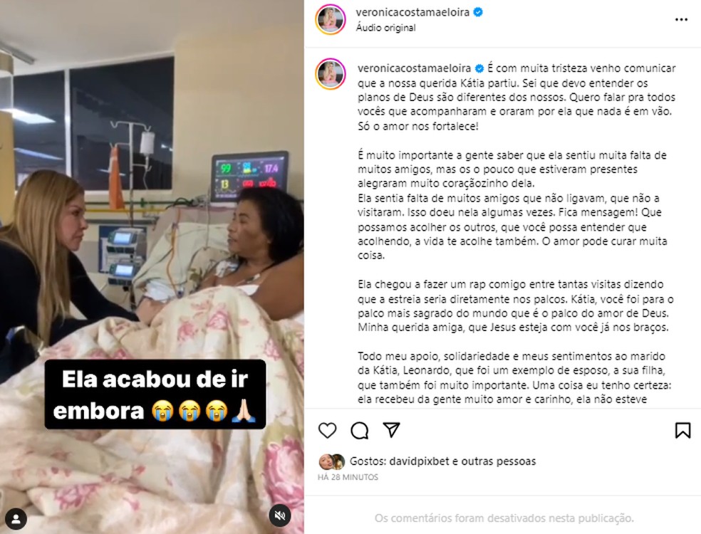 Veronica Costa anuncia morte de Mc Katia — Foto: Reprodução do Instagram