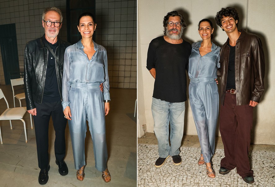 Helena Ranaldi posa com o ex-marido, o atual e o filho em noite de teatro